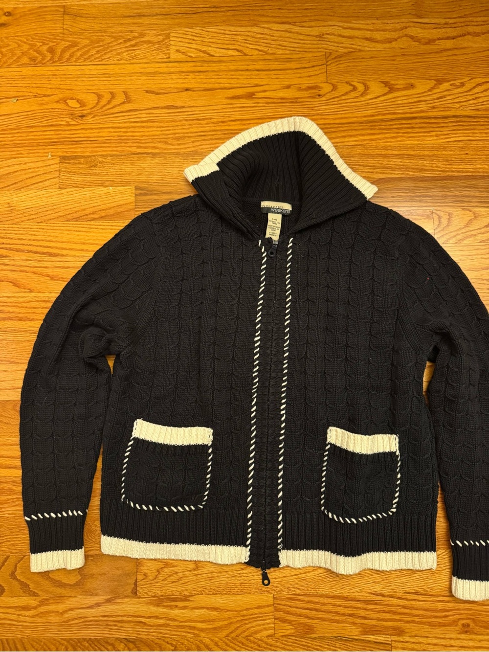 Parkhurst Navy Zip Cable-Knit Sweater with Cream Trim